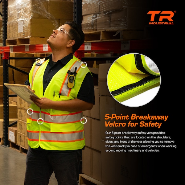 Class 2 High Visibility 5-Point Breakaway Safety Vest, L